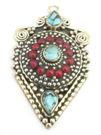 1 pendant - Ethnic arrowhead shape shield design Tibetan silver charm pendant with coral and turquoise inlay - PM346B