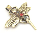 1 Pendant - Tibetan silver carved Dragonfly pendant with turquoise inlay and reverse side flower carving repousse - PM346A