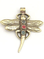 1 Pendant - Tibetan silver carved Dragonfly pendant with turquoise inlay and reverse side flower carving repousse - PM346A