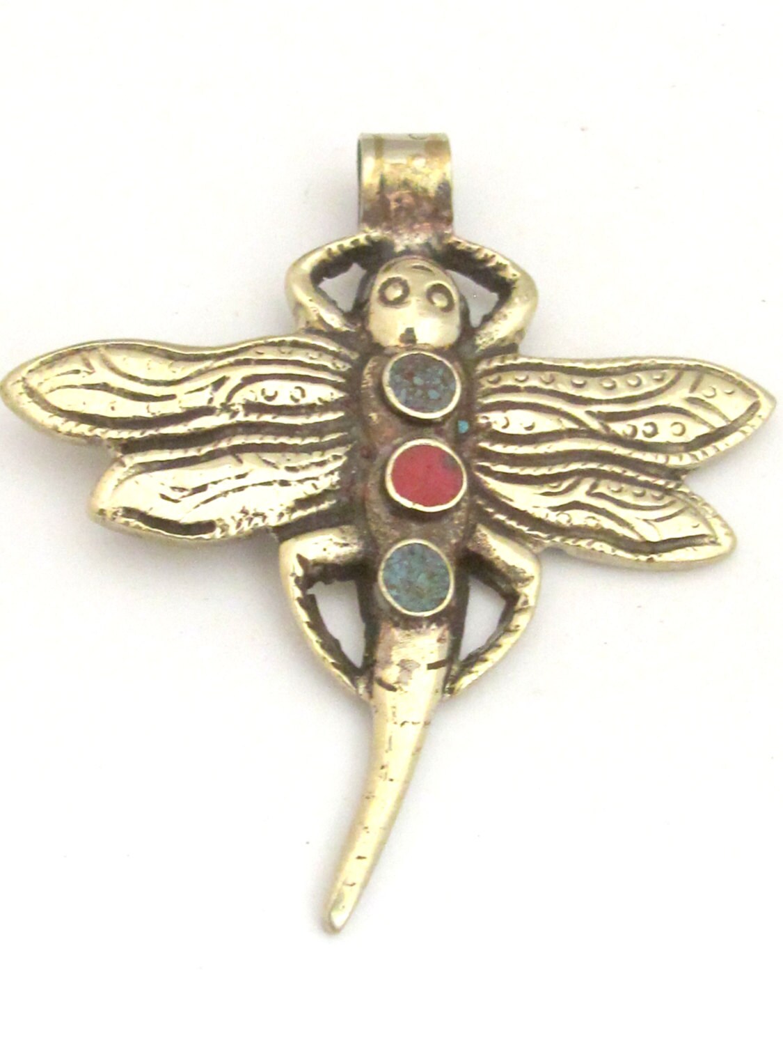 1 Pendant - Tibetan silver carved Dragonfly pendant with turquoise inlay and reverse side flower carving repousse - PM346A