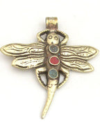 1 Pendant - Tibetan silver carved Dragonfly pendant with turquoise inlay and reverse side flower carving repousse - PM346A