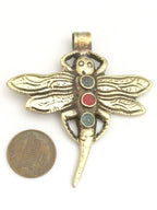 1 Pendant - Tibetan silver carved Dragonfly pendant with turquoise inlay and reverse side flower carving repousse - PM346A