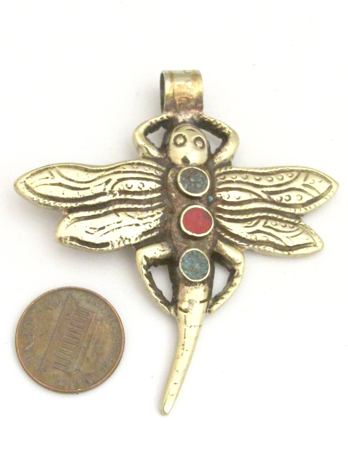 1 Pendant - Tibetan silver carved Dragonfly pendant with turquoise inlay and reverse side flower carving repousse - PM346A