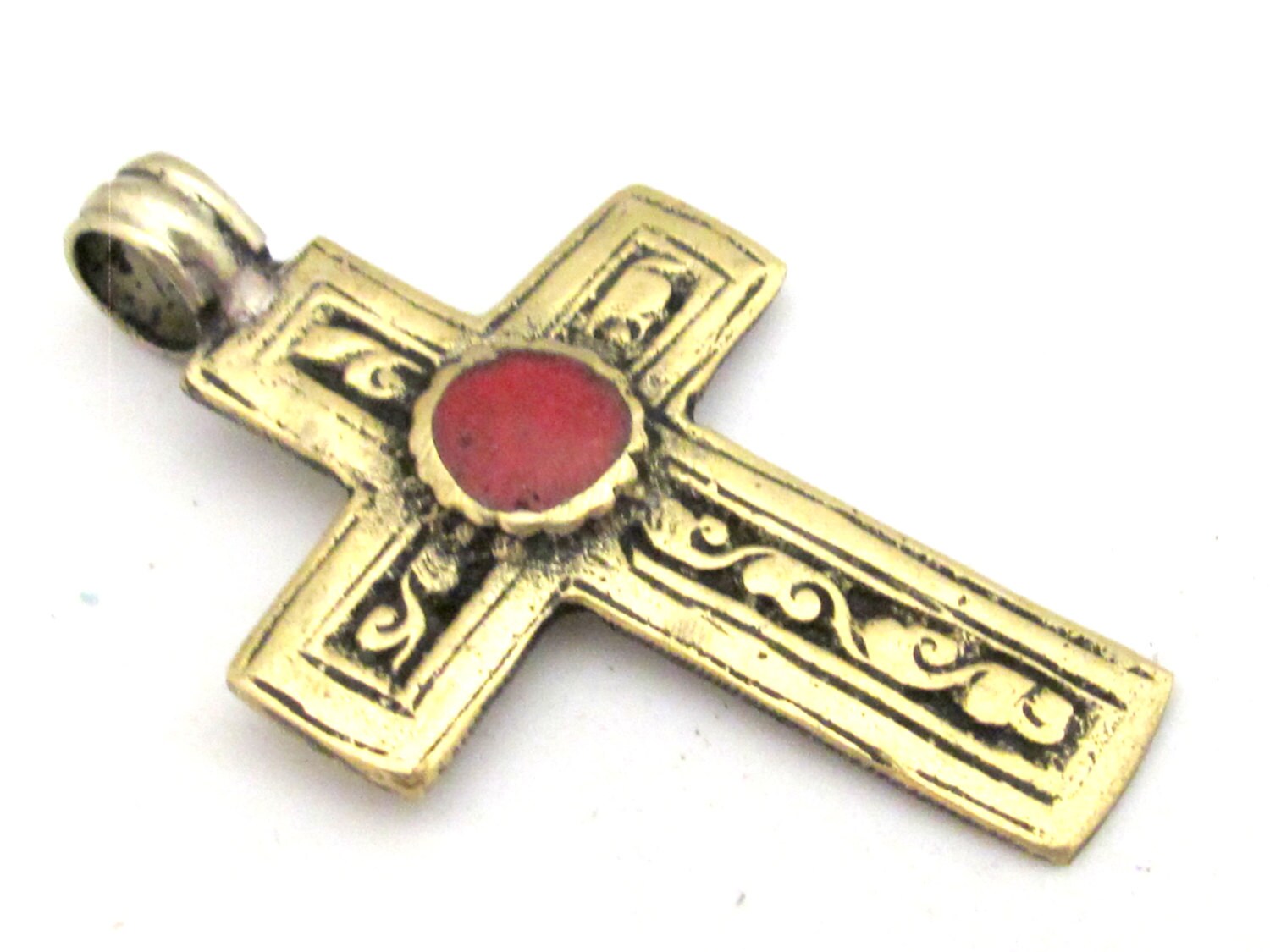 Tibetan cross pendant - Tibetan brass repousse cross pendant reversible floral design and inlay- ethnic nepal jewelry pendants -PM352A