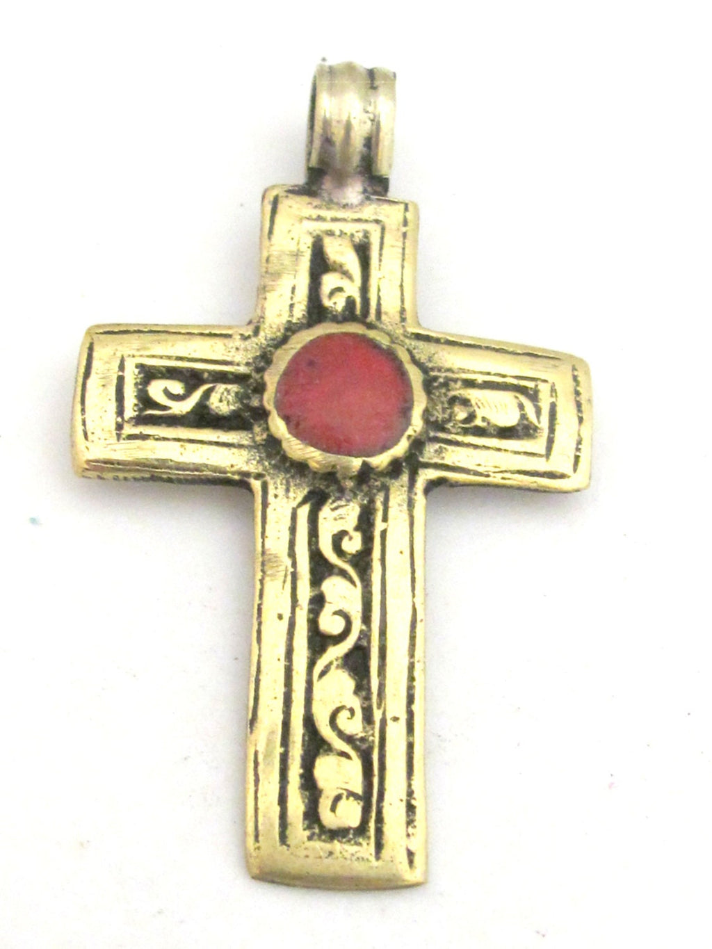 Tibetan cross pendant - Tibetan brass repousse cross pendant reversible floral design and inlay- ethnic nepal jewelry pendants -PM352A