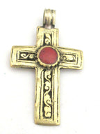 Tibetan cross pendant - Tibetan brass repousse cross pendant reversible floral design and inlay- ethnic nepal jewelry pendants -PM352A