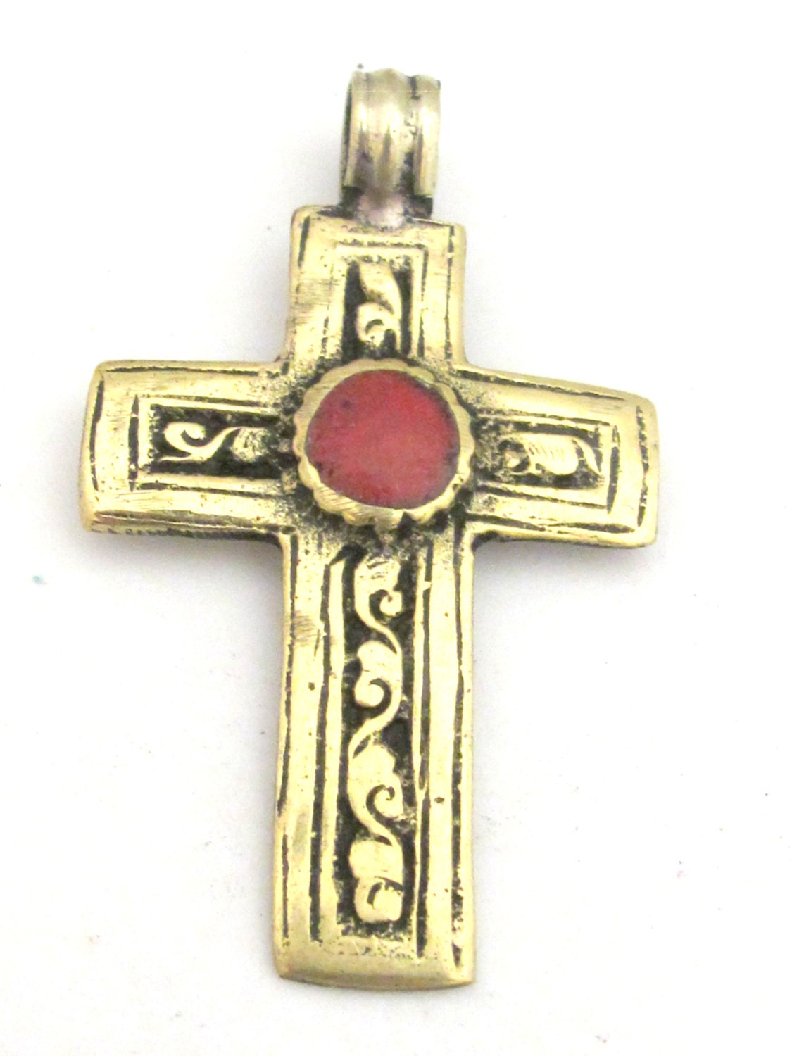 Tibetan cross pendant - Tibetan brass repousse cross pendant reversible floral design and inlay- ethnic nepal jewelry pendants -PM352A