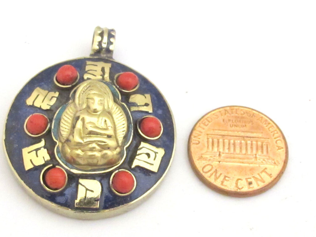 Tibetan Om mantra brass buddha pendant with lapis inlay in a dharma wheel pattern -PM353A