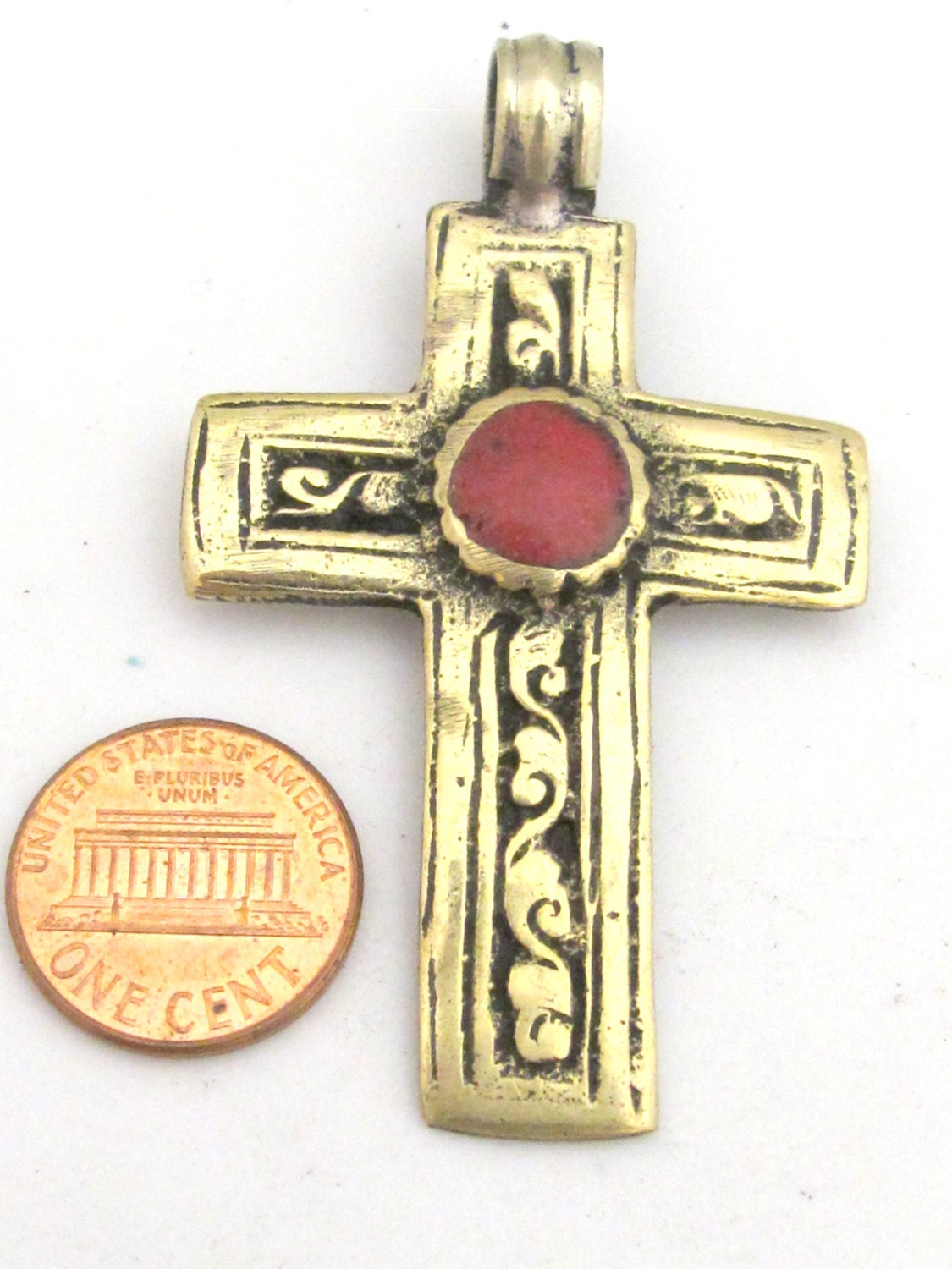 Tibetan cross pendant - Tibetan brass repousse cross pendant reversible floral design and inlay- ethnic nepal jewelry pendants -PM352A
