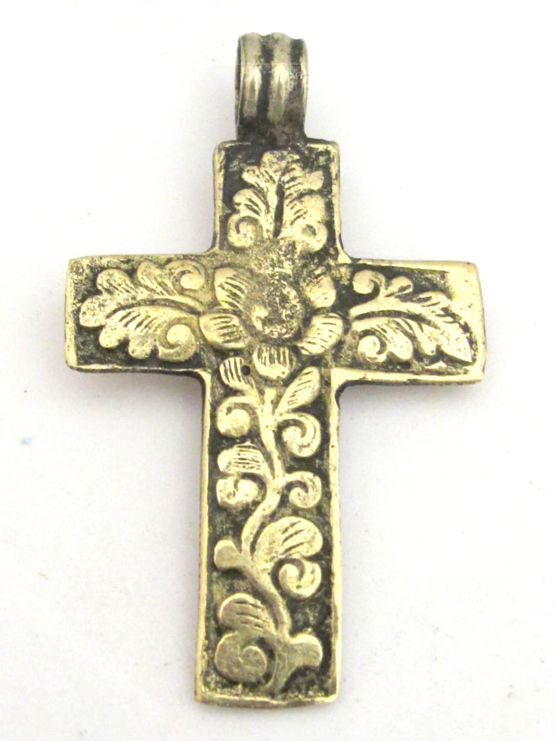 Tibetan cross pendant - Tibetan brass repousse cross pendant reversible floral design and inlay- ethnic nepal jewelry pendants -PM352A