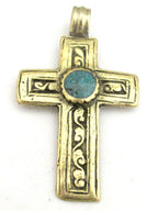 1 Pendant - Tibetan brass repousse cross pendant reversible with floral design and turquoise inlay- PM352C Copyright Nepalbeadshop