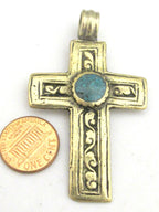 1 Pendant - Tibetan brass repousse cross pendant reversible with floral design and turquoise inlay- PM352C Copyright Nepalbeadshop