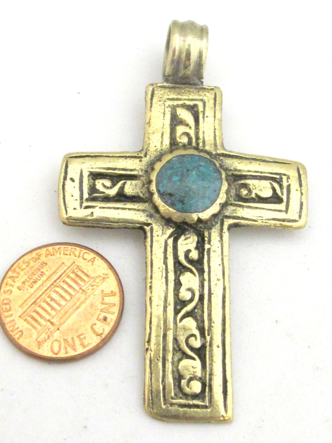 1 Pendant - Tibetan brass repousse cross pendant reversible with floral design and turquoise inlay- PM352C Copyright Nepalbeadshop