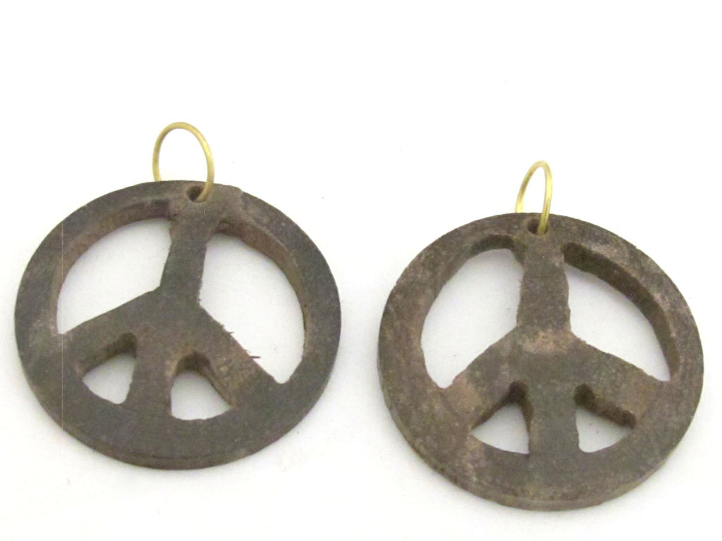 3 Pendants - Brown color natural wood carved peace symbol pendant - PB091