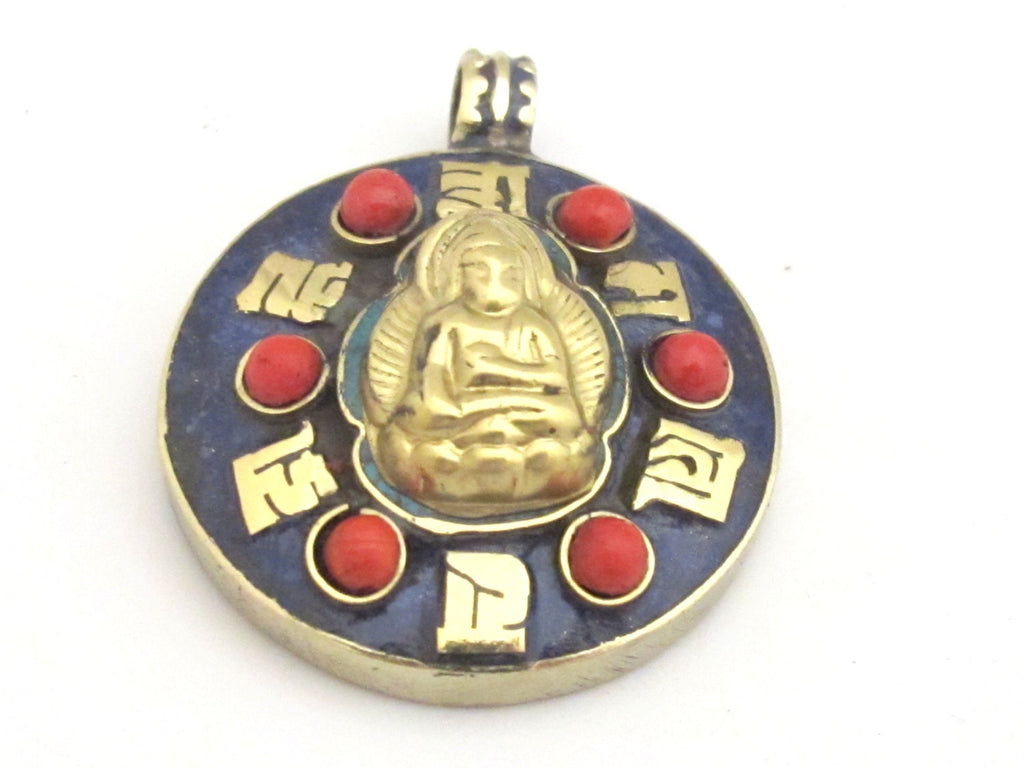 Tibetan Om mantra brass buddha pendant with lapis inlay in a dharma wheel pattern -PM353A