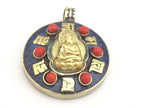 Tibetan Om mantra brass buddha pendant with lapis inlay in a dharma wheel pattern -PM353A