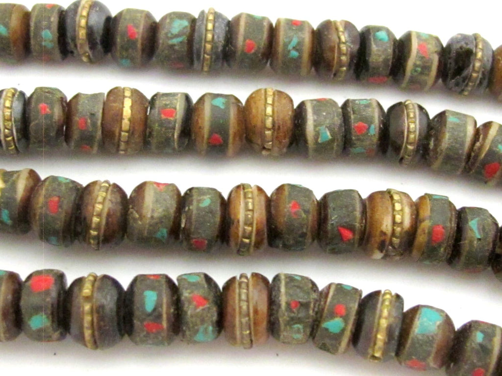 10 Beads-Rondelle shape ethnic Tibetan bone beads with turquoise coral inlay - NB136