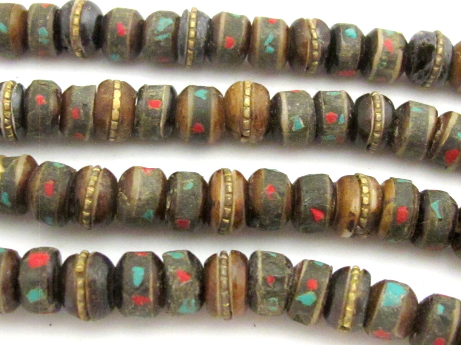 10 Beads-Rondelle shape ethnic Tibetan bone beads with turquoise coral inlay - NB136