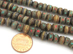10 Beads-Rondelle shape ethnic Tibetan bone beads with turquoise coral inlay - NB136