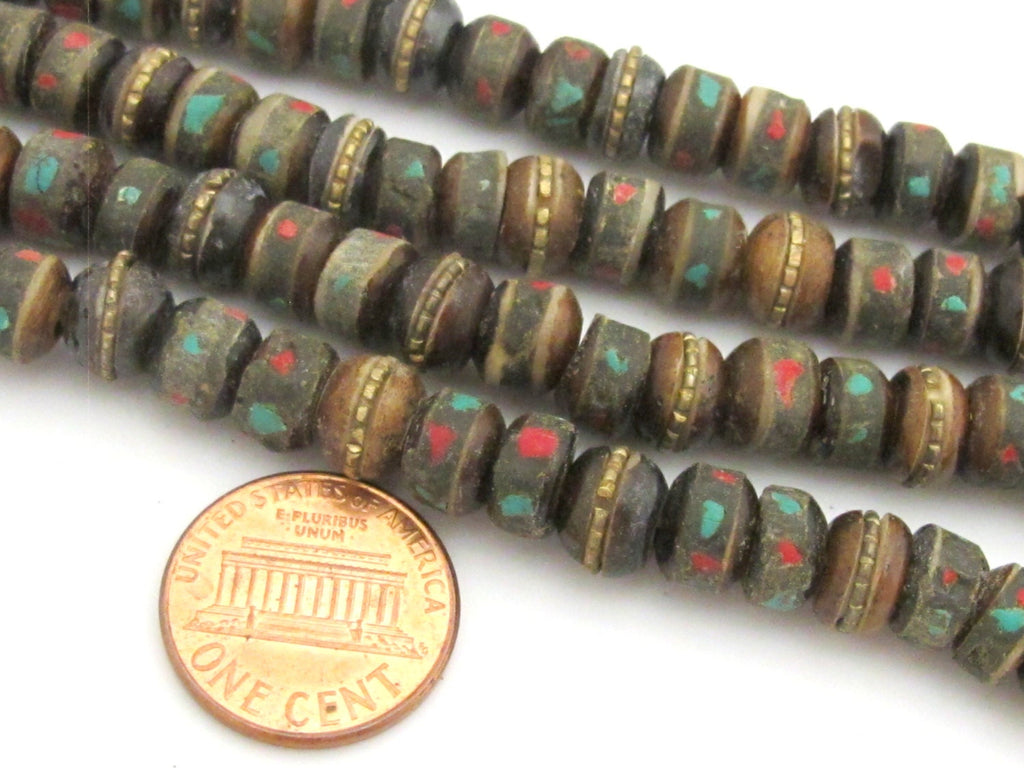 10 Beads-Rondelle shape ethnic Tibetan bone beads with turquoise coral inlay - NB136