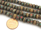 10 Beads-Rondelle shape ethnic Tibetan bone beads with turquoise coral inlay - NB136