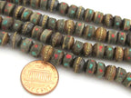 10 Beads-Rondelle shape ethnic Tibetan bone beads with turquoise coral inlay - NB136