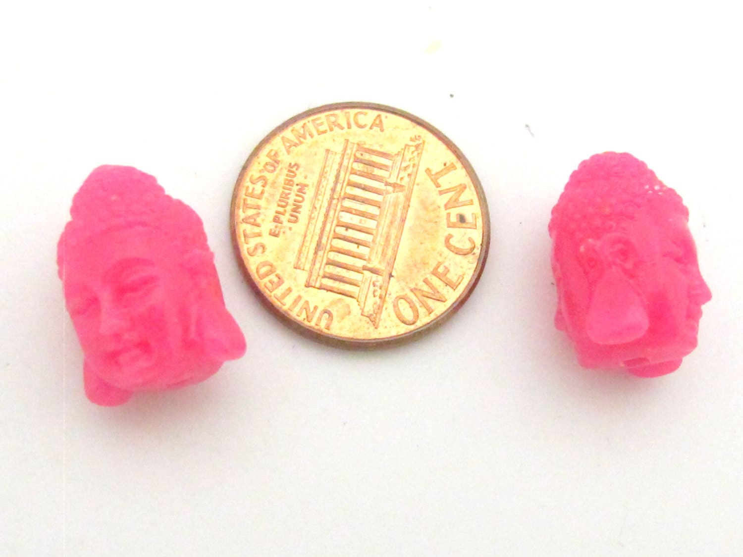 2 BEADS - Pink resin Dual sided Buddha face pendant bead 15 mm x 11 mm - BD751
