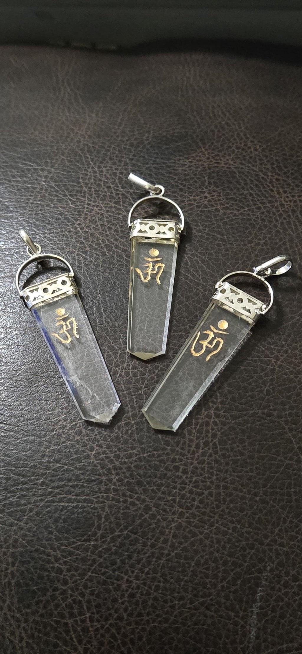 1 pendant - Clear Quartz Om symbol Point Pendant | Golden Om Symbol gemstone Pendant | Spiritual Meditation Jewelry- PM333B
