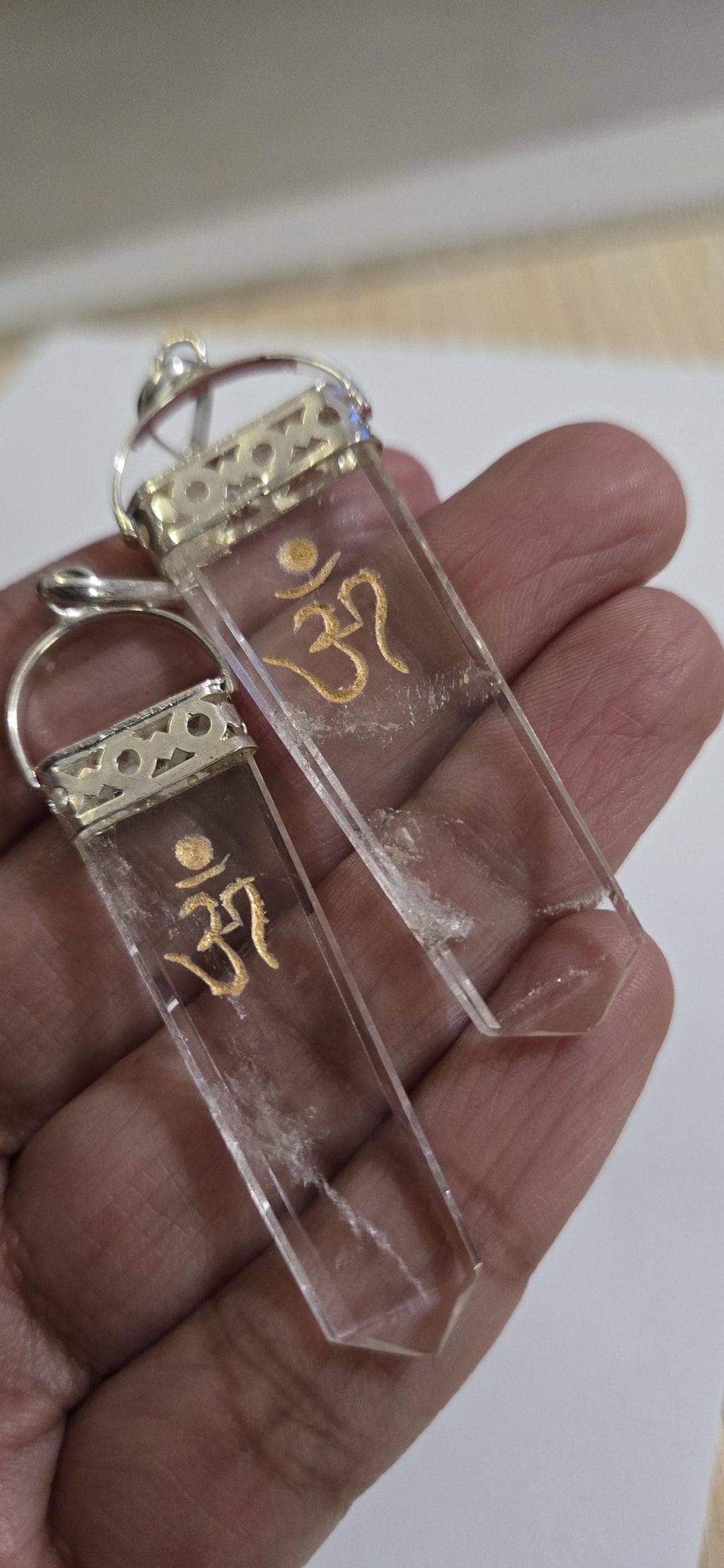 1 pendant - Clear Quartz Om symbol Point Pendant | Golden Om Symbol gemstone Pendant | Spiritual Meditation Jewelry- PM333B