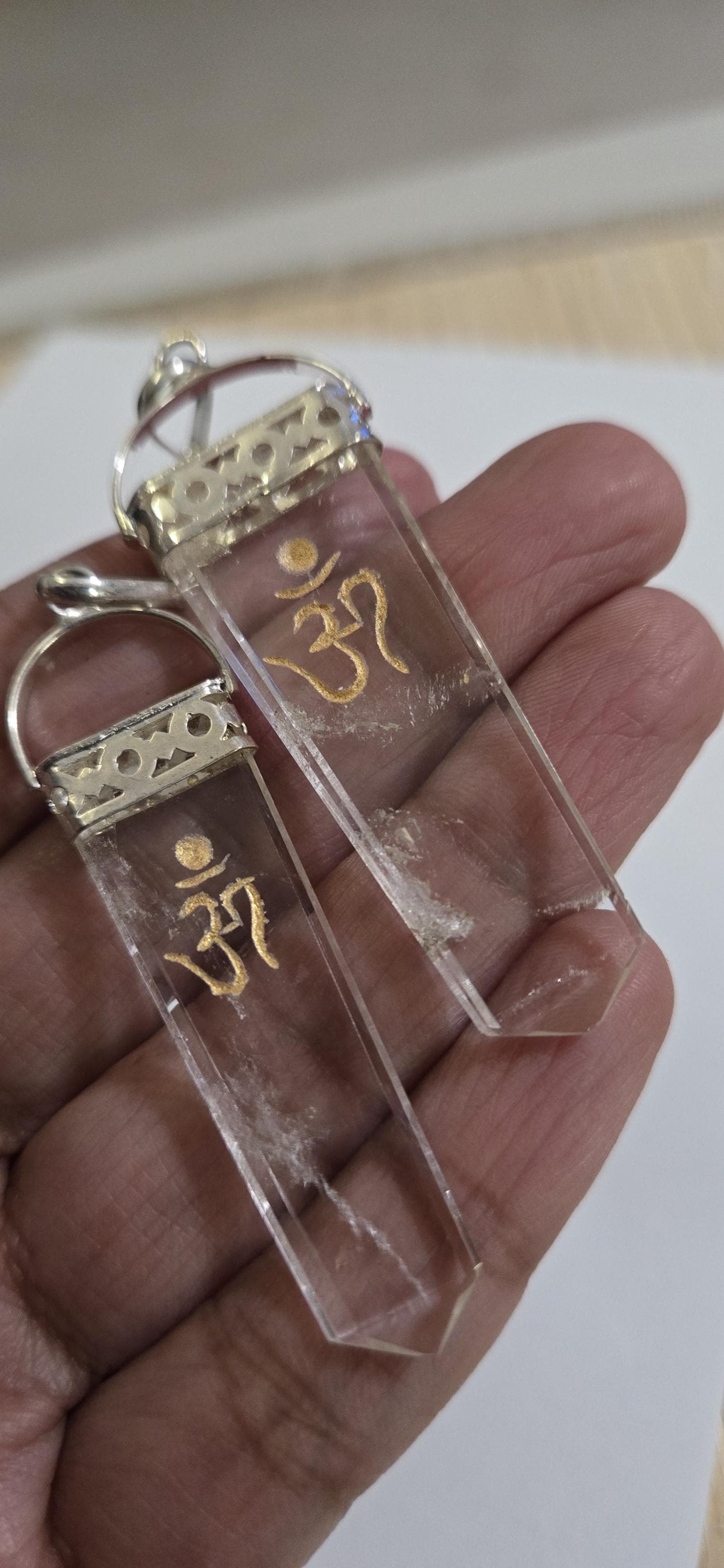 1 pendant - Clear Quartz Om symbol Point Pendant | Golden Om Symbol gemstone Pendant | Spiritual Meditation Jewelry- PM333B
