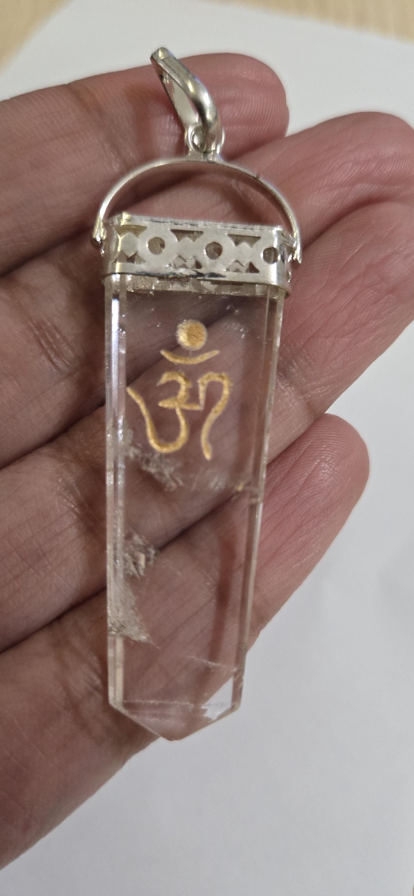 1 pendant - Clear Quartz Om symbol Point Pendant | Golden Om Symbol gemstone Pendant | Spiritual Meditation Jewelry- PM333B