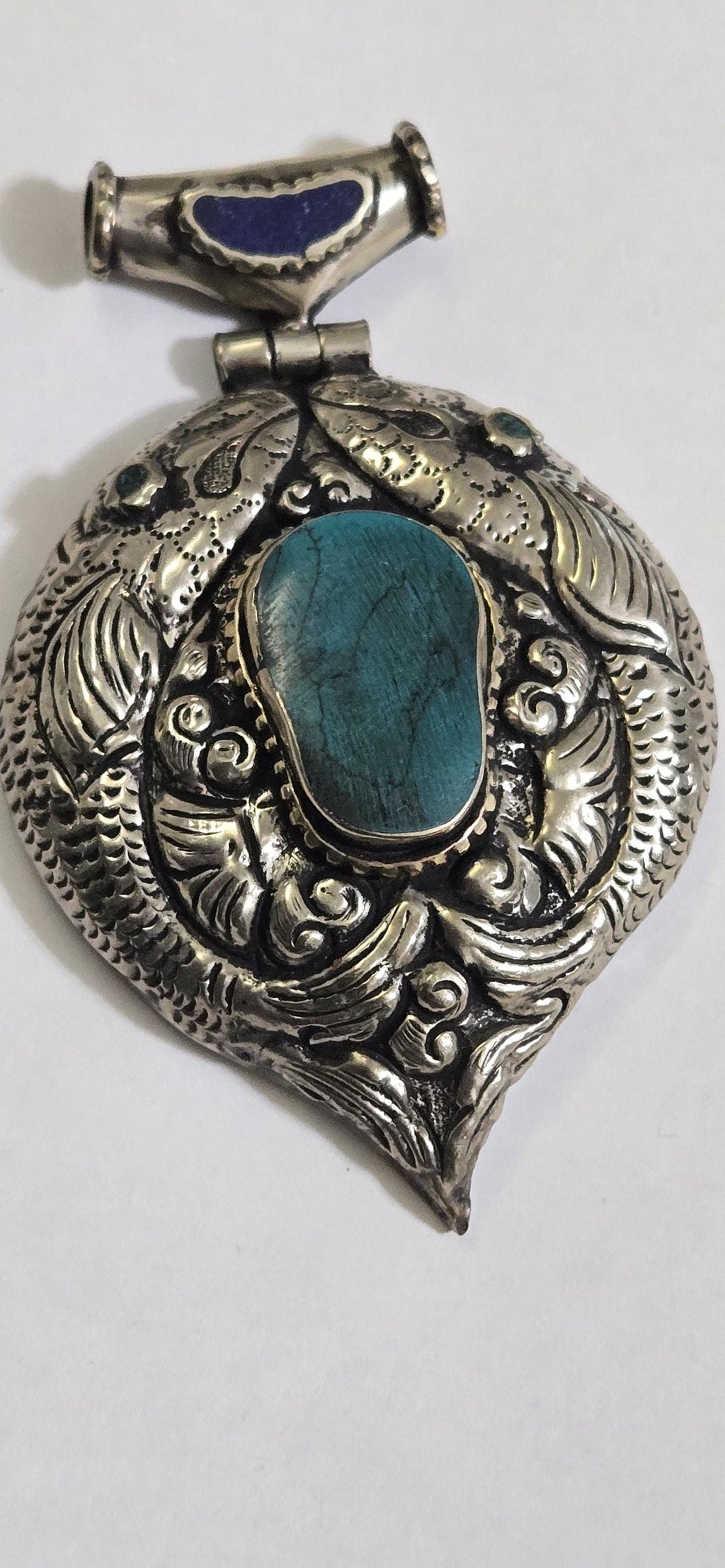 Large Tibetan antiqued Silver finish carved reversible two fishes hinge pendant with turquoise inlay and reverse side deer carving - PM334B