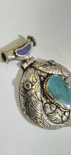 Large Tibetan antiqued Silver finish carved reversible two fishes hinge pendant with turquoise inlay and reverse side deer carving - PM334B