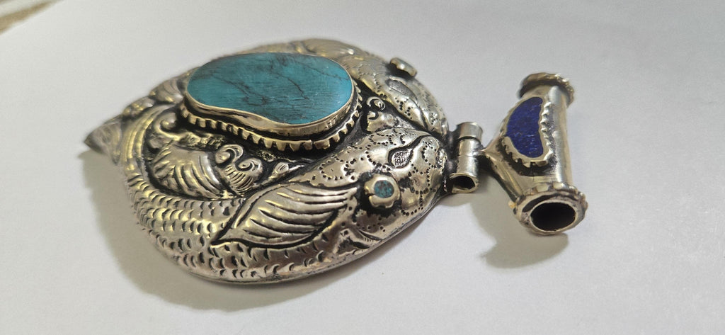 Large Tibetan antiqued Silver finish carved reversible two fishes hinge pendant with turquoise inlay and reverse side deer carving - PM334B