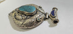 Large Tibetan antiqued Silver finish carved reversible two fishes hinge pendant with turquoise inlay and reverse side deer carving - PM334B