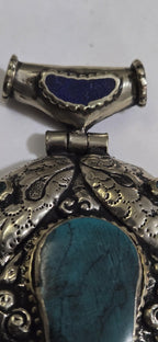 Large Tibetan antiqued Silver finish carved reversible two fishes hinge pendant with turquoise inlay and reverse side deer carving - PM334B