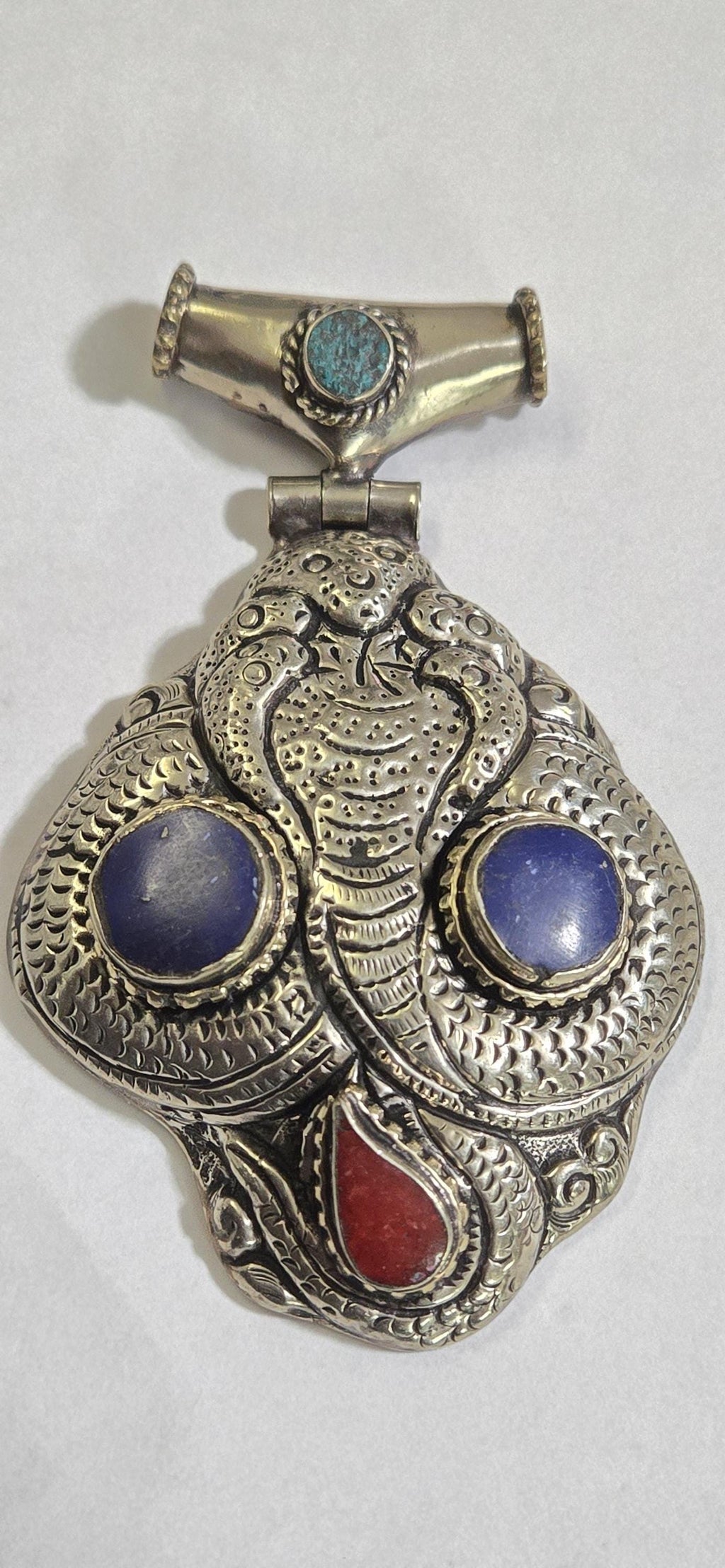 OOAK Large Tibetan Silver finish repousse five hooded naga Snake coiled pendant with lapis coral inlay and reverse lotus repousse - PM335C