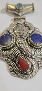 OOAK Large Tibetan Silver finish repousse five hooded naga Snake coiled pendant with lapis coral inlay and reverse lotus repousse - PM335C
