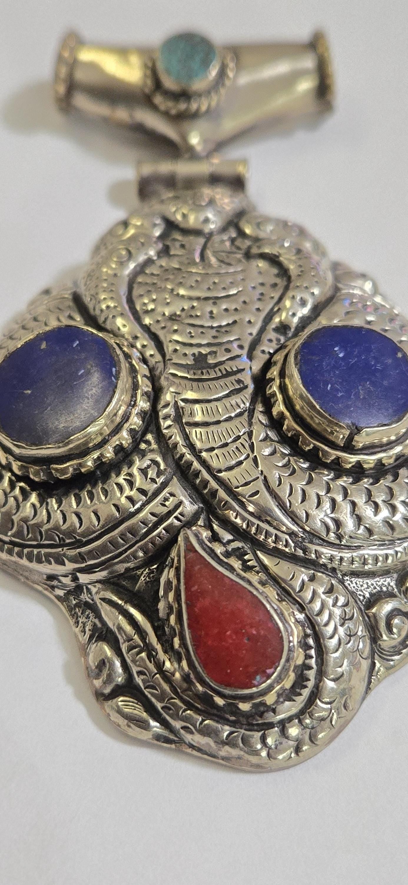 OOAK Large Tibetan Silver finish repousse five hooded naga Snake coiled pendant with lapis coral inlay and reverse lotus repousse - PM335C