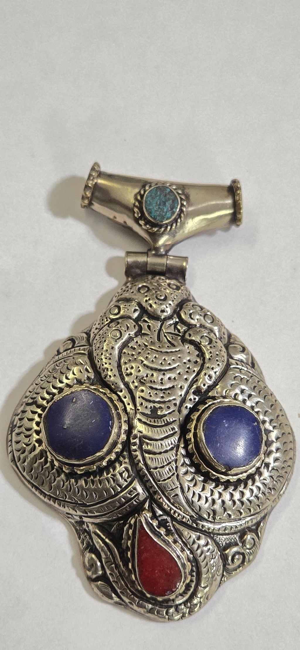 OOAK Large Tibetan Silver finish repousse five hooded naga Snake coiled pendant with lapis coral inlay and reverse lotus repousse - PM335C