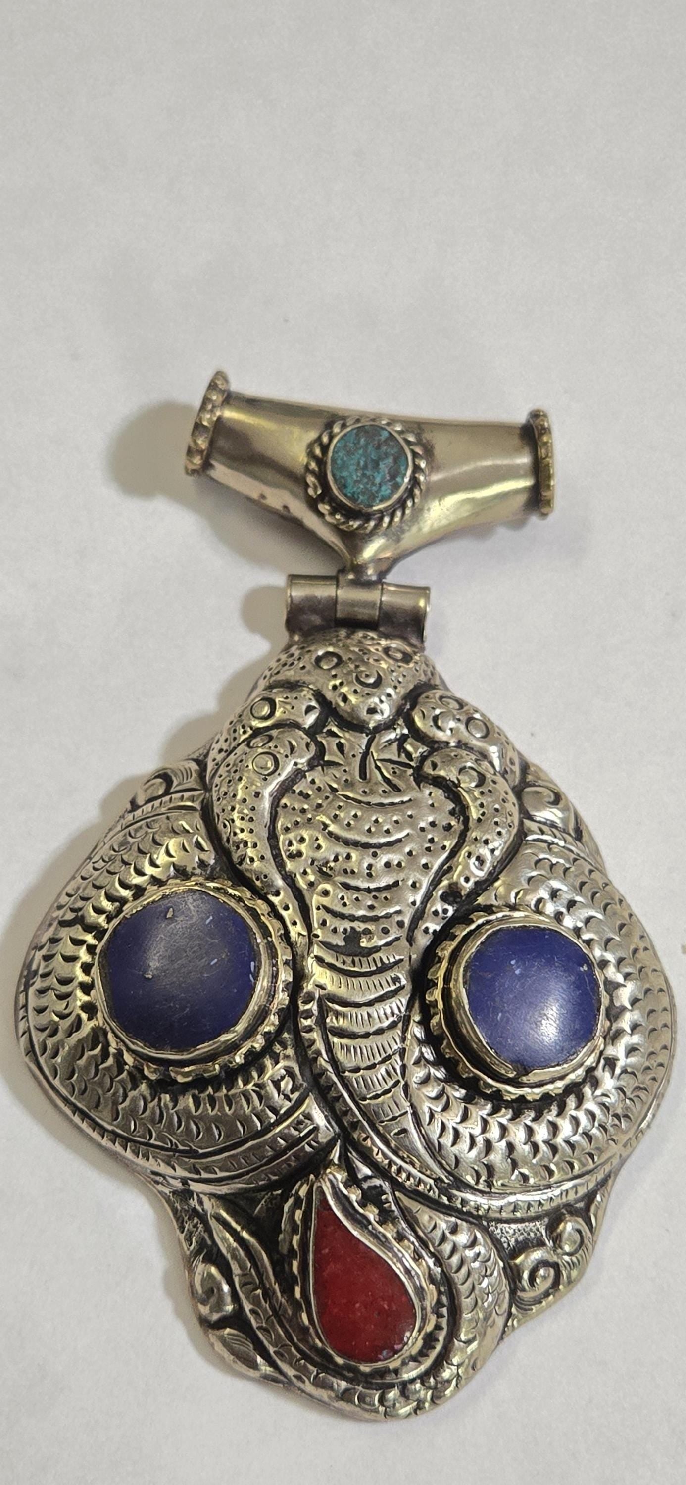 OOAK Large Tibetan Silver finish repousse five hooded naga Snake coiled pendant with lapis coral inlay and reverse lotus repousse - PM335C