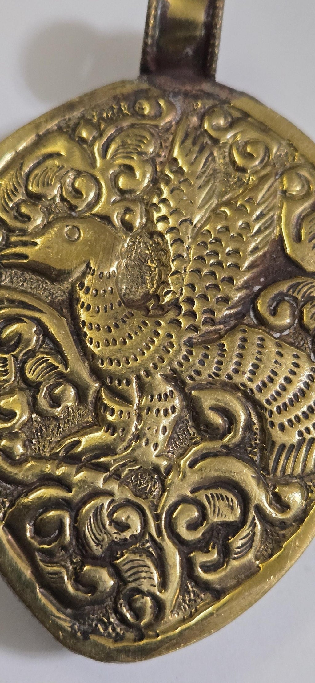 Hand carved tribal floral design large heavy Tibetan naga conch shell brass pendant with reverse phoenix bird design PM335D