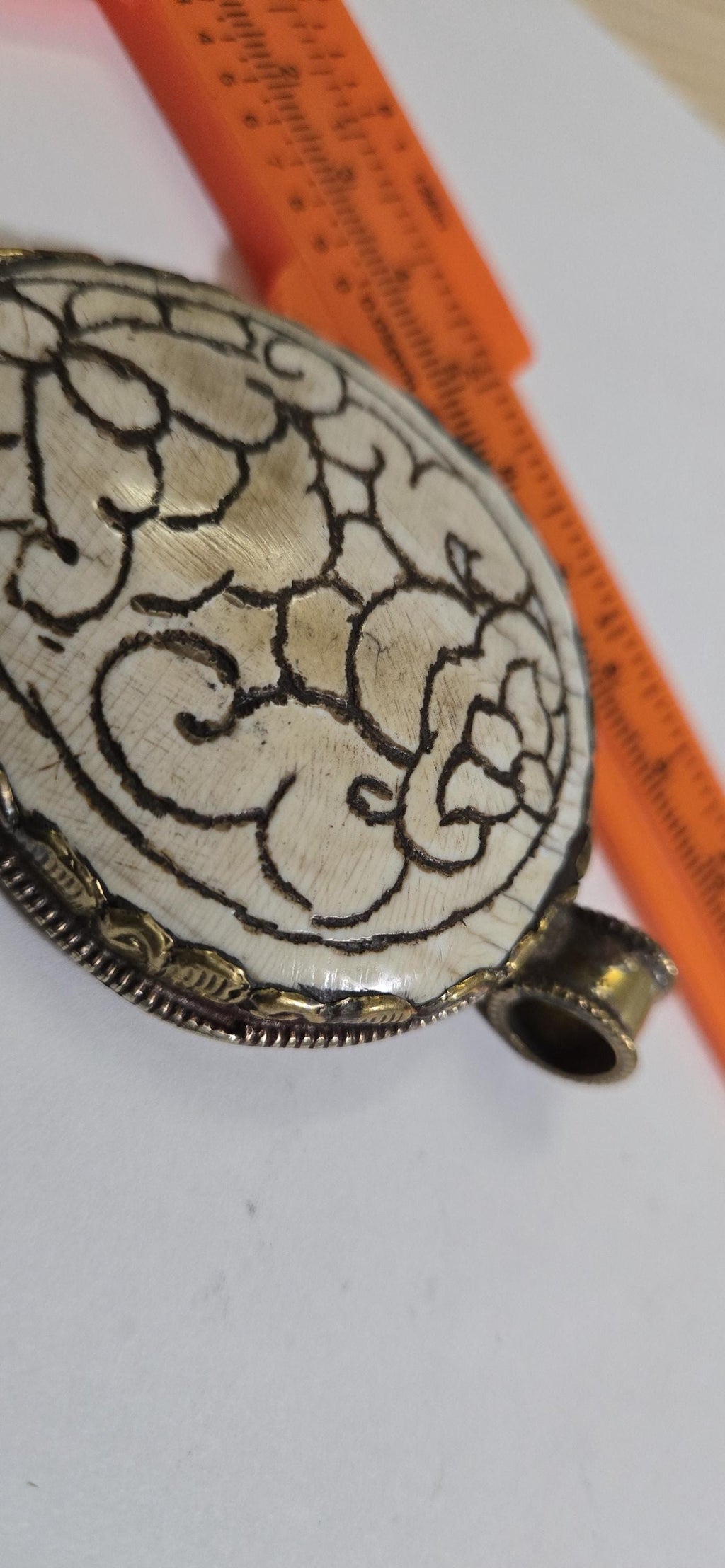 Hand carved tribal floral design large heavy Tibetan naga conch shell brass pendant with reverse phoenix bird design PM335D