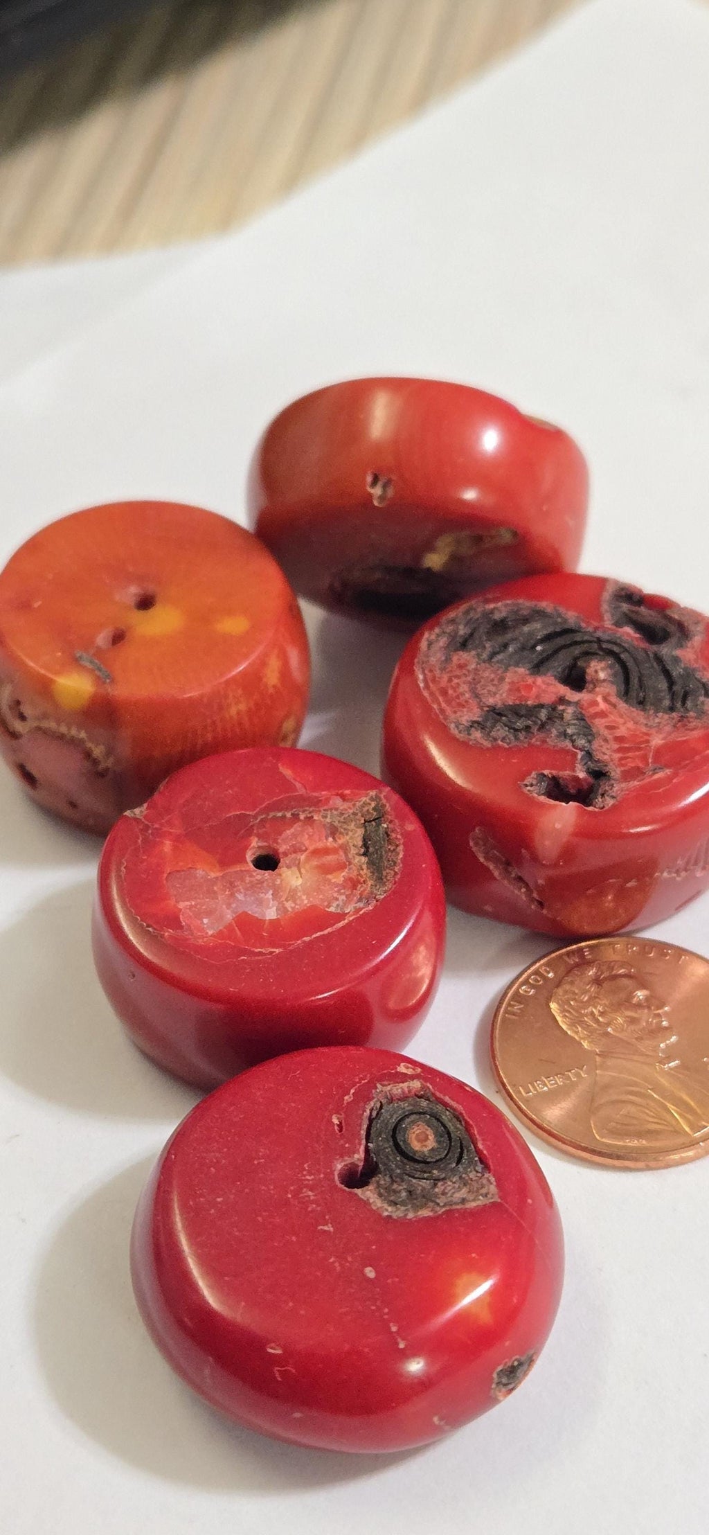 4 Beads - Thick wide Large size red color dyed bamboo coral beads - GM175