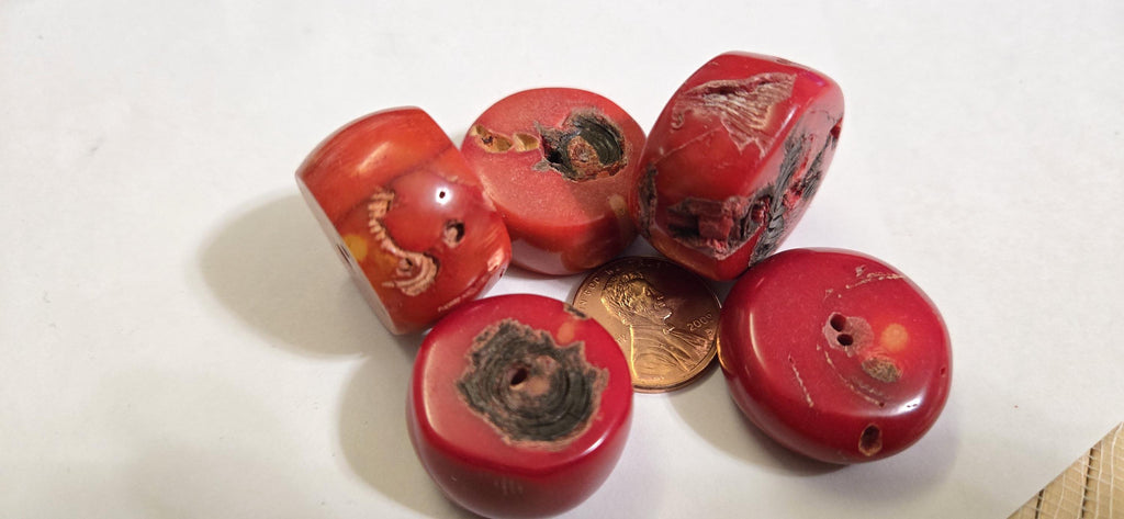 4 Beads - Thick wide Large size red color dyed bamboo coral beads - GM175