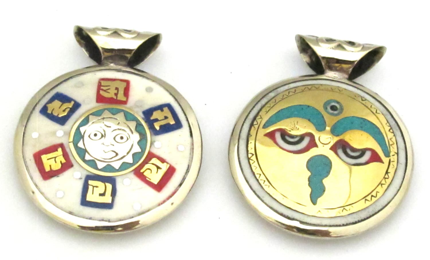 1 Pendant - Reversible Tibetan Buddha eye and om mantra brass turquoise inlaid recycled cattle bone pendant - PM355