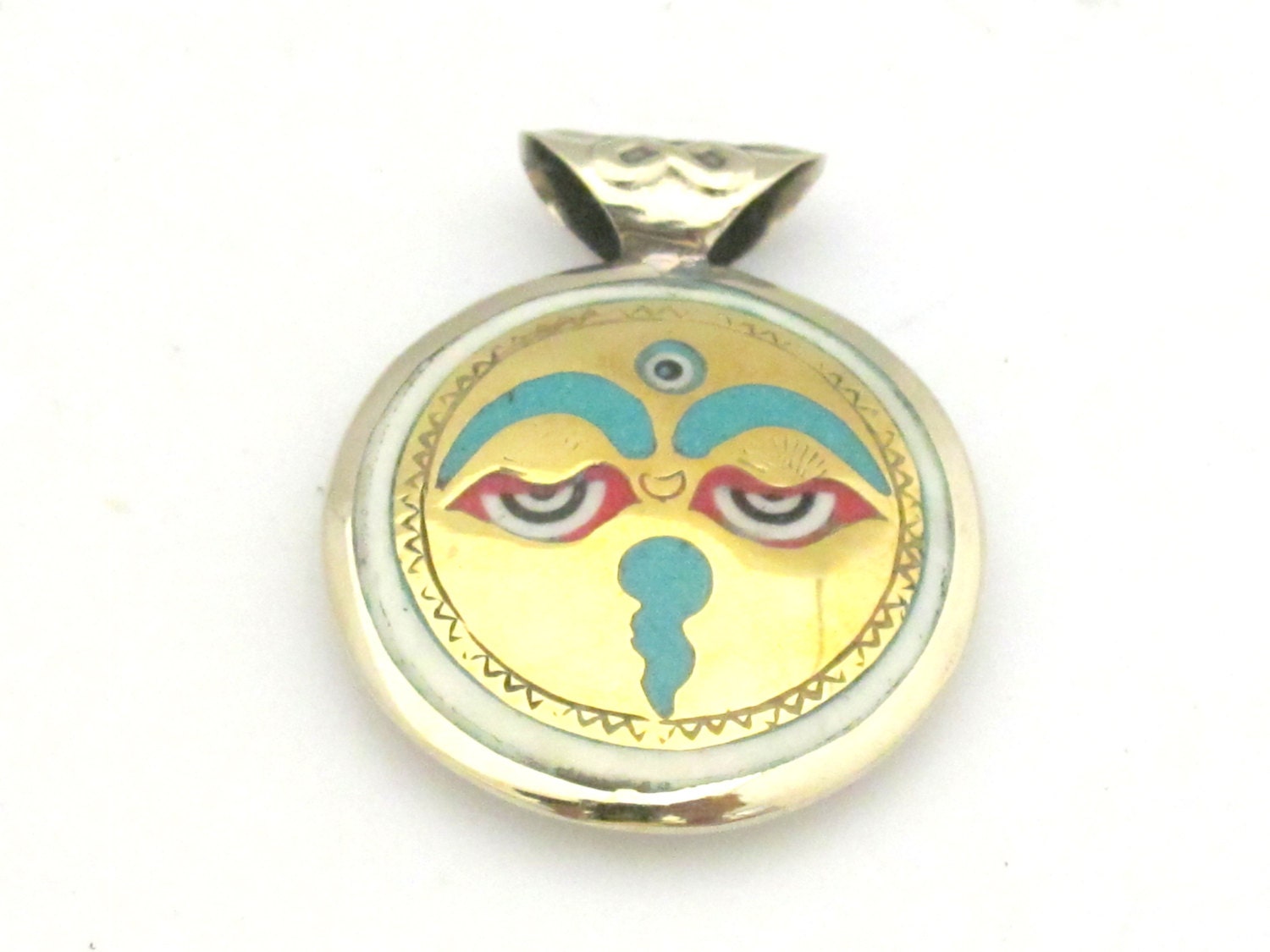 1 Pendant - Reversible Tibetan Buddha eye and om mantra brass turquoise inlaid recycled cattle bone pendant - PM355
