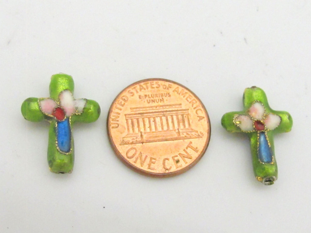 2 pieces - Green cloissone cross beads - BD175A