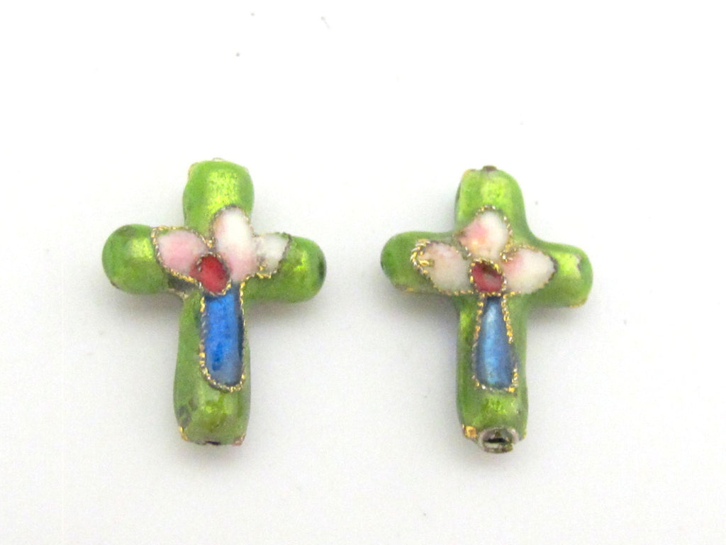 2 pieces - Green cloissone cross beads - BD175A