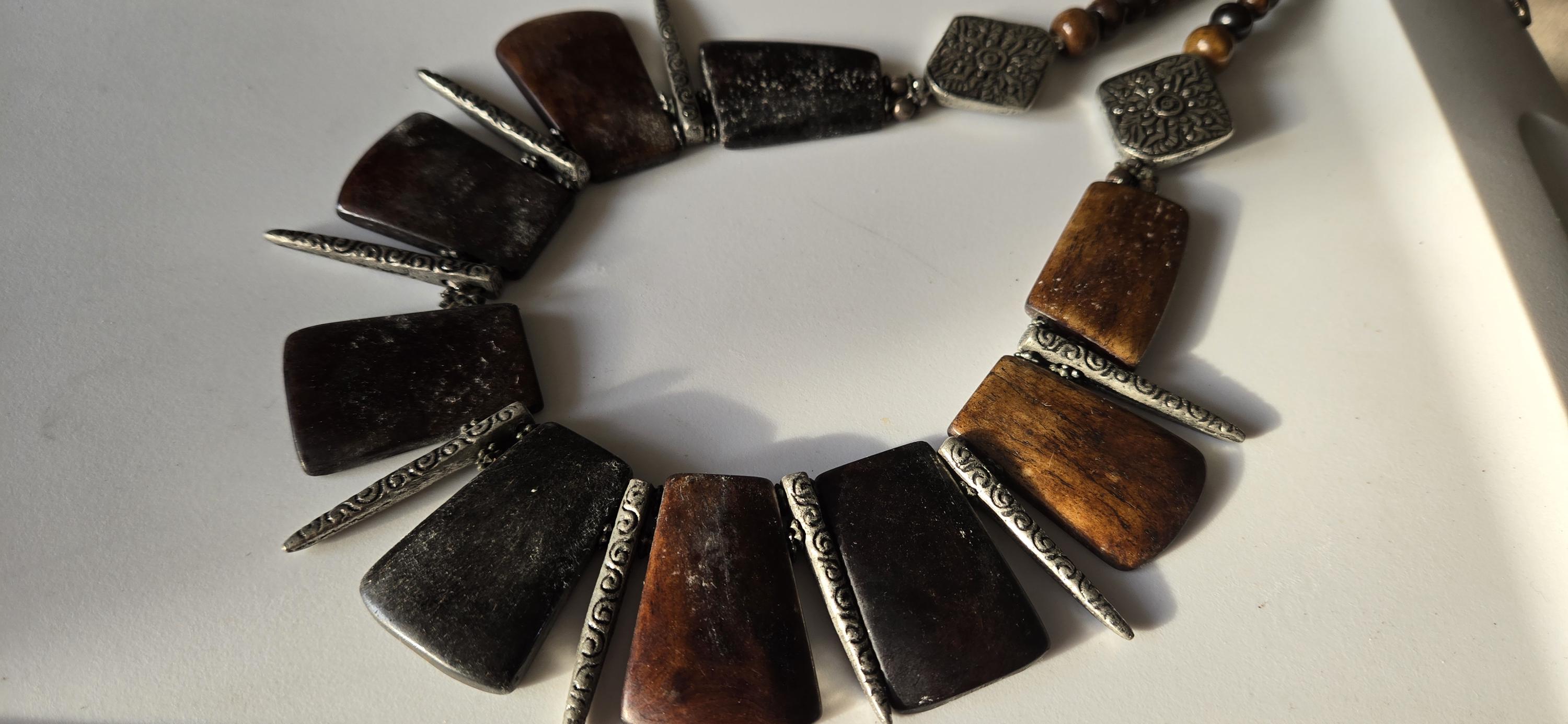 Beads set - Tribal design brown color recycled cattle bone beads and metal alloy beads pendant making kit necklace making supplies - MG020H